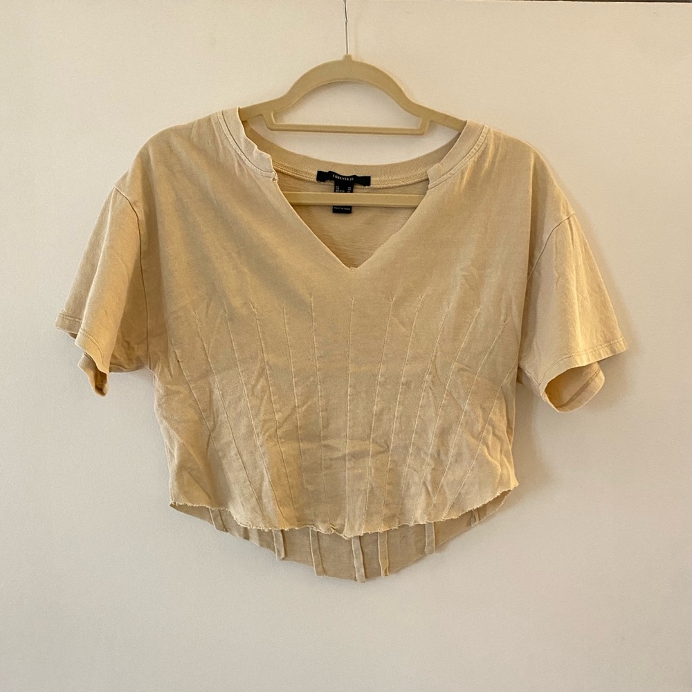 Forever 21 Cream V-Neck Asymmetrical Distressed Crop Top